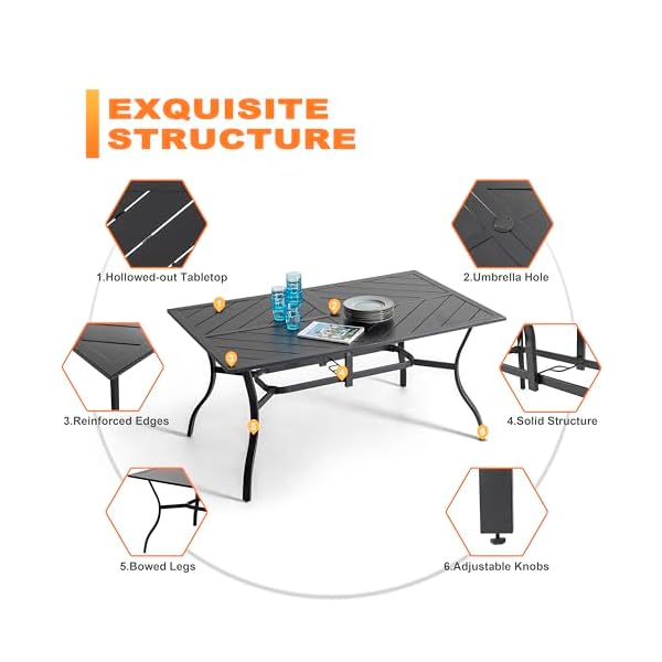   NUU-GARDEN-7-Piece-Outdoor-Dining-Set-6-All-Weather-Padded-Textilene-Patio-Chairs-and-61-Rectangular-Dining-Table-with-177-Umbrella-Hole-for-Garden-Patio-Light-Grey-and-Black