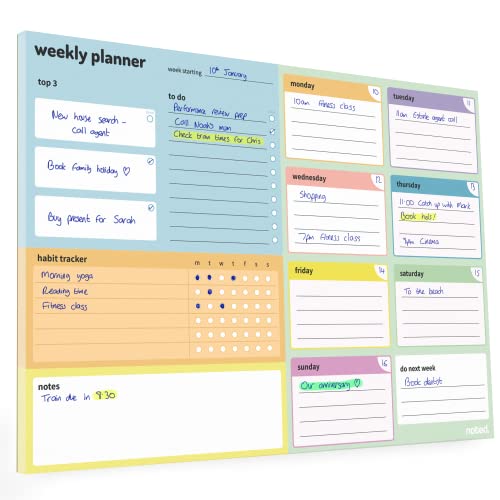 A4 Weekly Planner Pad – 52 sheet undated desk organiser by Noted – for work, fitness, student revision and meal planning – colourful 100gsm paper