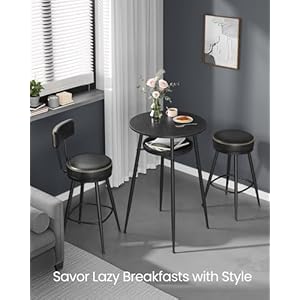 VASAGLE EKHO Collection Bar Table with Storage Round High Pub Table Synthetic Leather with Stitching Mid Century Modern Kitchen Home Bar Living Room Easy Assembly Ebony Black and Ink Black