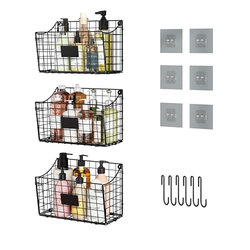 Wall-Mounted-Bin-Basket-with-5-Hooks-3-Label-Plate-Adhesive-3-Pack-Cabinet-Hanging-Metal-Wire-BasketRustic-Farmhouse-Decor-Storage-Organization-Shelf-for-Pantry-Kitchen-Bathroom-1067551inch Wall Mounted Bin Basket with 5 Hooks 3 Label Plate Adhesive 3 Pack Cabinet Hanging Metal Wire BasketRustic Farmhouse Decor Storage Organization Shelf for Pantry Kitchen Bathroom 1067551inch