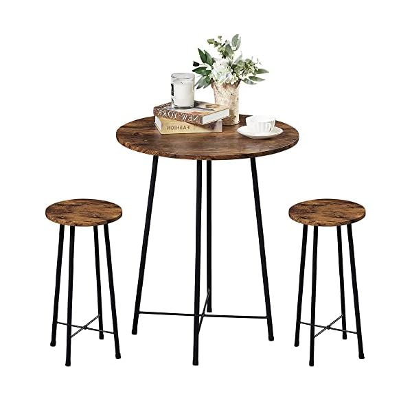 Vecelo small bar table and chairs round bistro sets with 2 barstools 3 piece pub dining furniture counter height wood top for breakfast dinner coffee nap conference easy assembly brown  urban country home decor