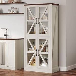 DWVO 66" Kitchen Pantry Cabinet with Glass Doors, 4 Shelves Freestanding Kitchen Hunch, Tall Food Pantry for Living Room, Dining Room and Kitchen, White DWVO 66 Kitchen Pantry Cabinet with Glass Doors 4 Shelves Freestanding Kitchen Hunch Tall Food Pantry for Living Room Dining Room and Kitchen White