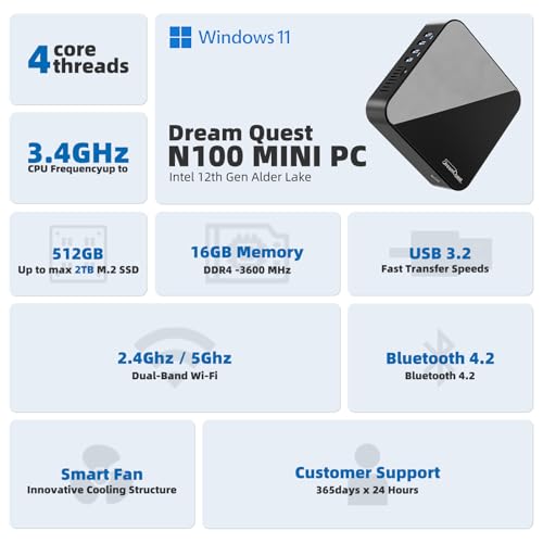 DreamQuest Mini PC Windows 11 Pro Intel N100 (bis zu 3,4 GHz) 16 GB RAM 512 GB SSD Micro Desktop Computer mit 4K HDMI, 2X Gigabit Ethernet/WiFi 5/BT4.2/USB3.2 für Business Office – Bild 3