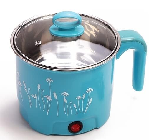 Hopz Electric 1.5 Litre Mini Cooker Kettle with Glass Lid Base Concealed Base Cooking Pot Noodle Maker Egg Boiler hot Pot Vegetable and Rice & Pasta Porridge Travel Cookers and Steamer (Blue)