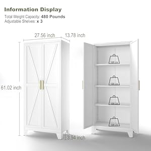 White Farmhouse Storage Kitchen Pantry Cabinet with 2 Barn Door 3 Adjustable Shelves and Legs for CupboardDining RoomBathroomLiving RoomOfficeLaundry Room White 61 Farmhouse