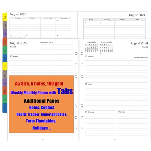 Academic Diary 2024 2025 Refill A5, 1 Week on 2 Pages with Monthly Tabs, Extra Notes Contact Timetables, Weekly & Monthly Planner, Mid Year Diary 2024/25, Aug.24 -Jul.25, 100 & 140 gsm