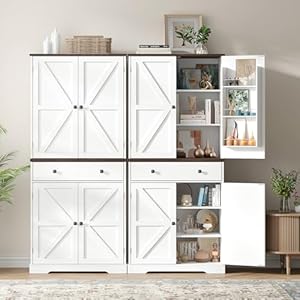 71 Tall Farmhouse Kitchen Pantry with 6 Door Shelves Drawer Wood Pantry Storage Cabinet with 2 Adjustable Shelves 4 Barn Doors Freestanding Cupboard for Kitchen Dining Room White