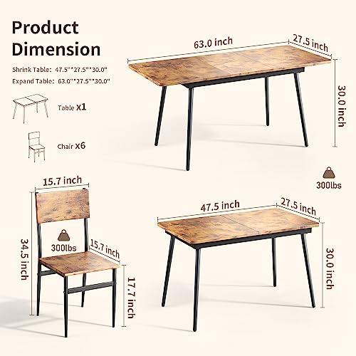 63-Extendable-Dining-Table-Set-for-4-6-People-7-Piece-Dining-Table-Set-for-6-People-with-6-Chairs-MDF-Wood-Board-Kitchen-Table-Set-for-Small-Space-and-Apartment-Rustic-Brown 63 Extendable Dining Table Set for 4 6 People 7 Piece Dining Table Set for 6 People with 6 Chairs MDF Wood Board Kitchen Table Set for Small Space and Apartment Rustic Brown