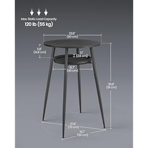 VASAGLE EKHO Collection Bar Table with Storage Round High Pub Table Synthetic Leather with Stitching Mid Century Modern Kitchen Home Bar Living Room Easy Assembly Ebony Black and Ink Black