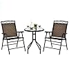 Giantex Patio Dining Set Round Glass Table with 2 Patio Folding Chairs Outdoor Table and Chairs for Garden Pool Backyard Tempered Glass Tabletop with Umbrella Hole Brown
