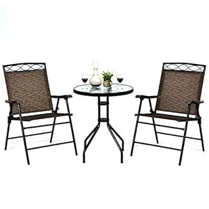 Giantex Patio Dining Set Round Glass Table with 2 Patio Folding Chairs Outdoor Table and Chairs for Garden Pool Backyard Tempered Glass Tabletop with Umbrella Hole Brown