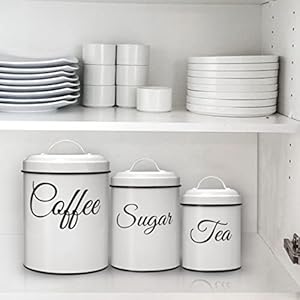 Kitchen Canisters Set of 3 Rustic Farmhouse Food Storage Containers with Airtight Lids Metal Vintage Tea Coffee Sugar Canister Set Country White Canisters Set for Countertop