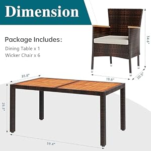 Shintenchi 7 Piece Patio Dining Set Wicker Patio Conversation Set with Wooden Table Top Outdoor Table and Chairs with Soft Cushions for Backyard Deck and Garden Brown Rattan