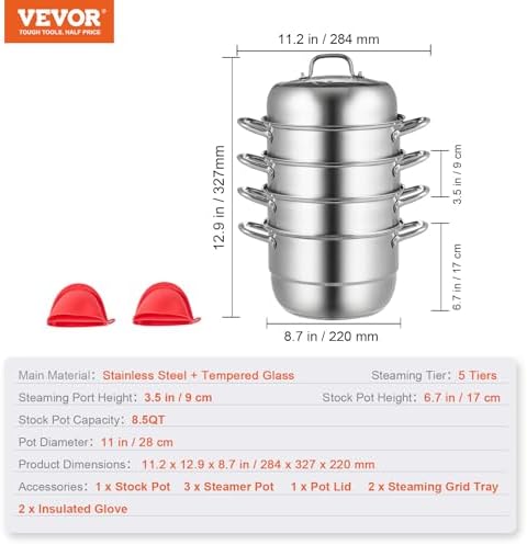 VEVOR 5-Tier Stainless Steel Steamer Pot for Quick Nutritious Cooking