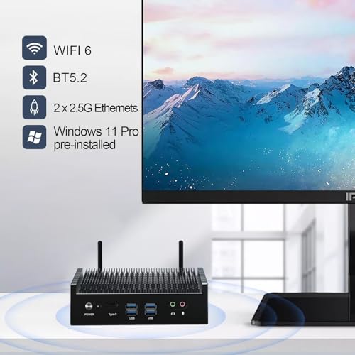 Fanless Mini PC 12th Gen Core i7 1255U, WIN11 pro mini Desktop Pc, Dual 2.5Gbe LAN Kleiner pc, Dual HD, Display Port, USB-C, WiFi6, BT5.2, 32GB RAM 500GB NVME SSD, Business pc lüfterlos – Bild 6