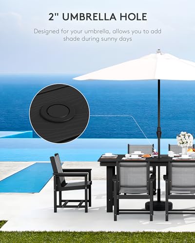 Serwall7pieceoutdoordiningtablesetsfor6with1umbrellaholecutoutrectangulartableand6textilenechairshdpediningtablesetsforgardenbackyardpoolsideblack  Urban Country Home Decor Serwall 7 piece outdoor dining table sets for 6 with 1 umbrella hole cut out rectangular table and 6 textilene chairs hdpe dining table sets for garden backyard poolside black  urban country home decor