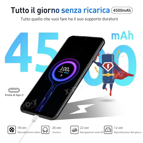 Xgody Smartphone V50, 4 GB RAM 64 GB ROM Handy mit 256 GB erweiterbar, Bildschirm 6,52 Zoll HD+, 13 MP + 5 MP, 4500 mAh, Android 10 Quad Core Dual SIM 4G Bluetooth/Wi-Fi/Face ID/OTG/3 Slots (schwarz) – Bild 5