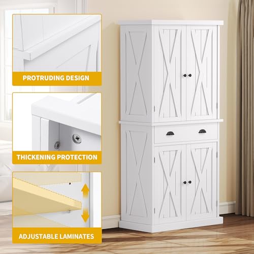 DWVO-72-Tall-Farmhouse-Kitchen-Pantry-with-Adjustable-Shelves-Wood-Kitchen-Storage-Cabinets-with-Doors-Drawer-Freestanding-Cupboard-for-for-Kitchen-Dining-Room-Living-Room-White DWVO 72 Tall Farmhouse Kitchen Pantry with Adjustable Shelves Wood Kitchen Storage Cabinets with Doors Drawer Freestanding Cupboard for for Kitchen Dining Room Living Room White