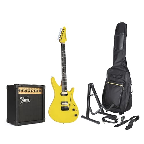 J & D DX-100 Yellow + MA15 – Pack guitare electrique-Set - Les Beatles, Paul McCartney, John Lennon, RIngo Starr, George Harrison J & D DX-100 Yellow + MA15 - Pack guitare electrique-Set