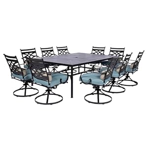Hanover Montclair 11 Piece Patio Dining Set with 10 Swivel Rocker Chairs Accent Lumbar Pillows and 84×60 Steel Stamped Rectangular Table Large Outdoor Patio Dining Set for 10 Ocean Blue