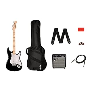 Squier by Fender Sonic Stratocaster Guitare électrique, touche en érable noir, sac de transport, amplificateur Squier Frontman 10 W, médiators, sangle, câble - Les Beatles, Paul McCartney, John Lennon, RIngo Starr, George Harrison