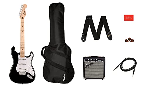 Squier by Fender Sonic Stratocaster Guitare électrique, touche en érable noir, sac de transport, amplificateur Squier Frontman 10 W, médiators, sangle, câble - Les Beatles, Paul McCartney, John Lennon, RIngo Starr, George Harrison Squier by Fender Sonic Stratocaster Guitare électrique, touche en érable noir, sac de transport, amplificateur Squier Frontman 10 W, médiators, sangle, câble