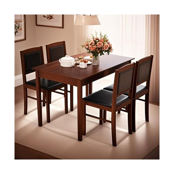   POWERSTONE-Farmhouse-Wood-Dining-Table-Set-for-4-Space-Saving-Kitchen-Table-4-Chairs-Paded-PU-Leather-Rectangular-5-Piece-Dining-Table-Set-4-Rubberwood-Legs-Chairs-for-Kitchen-Indoor-Dinner-Brown
