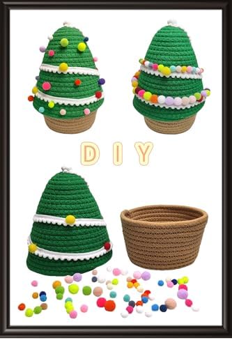 SINGLIN Christmas Tree Woven Basket with Lid and Pom-Poms