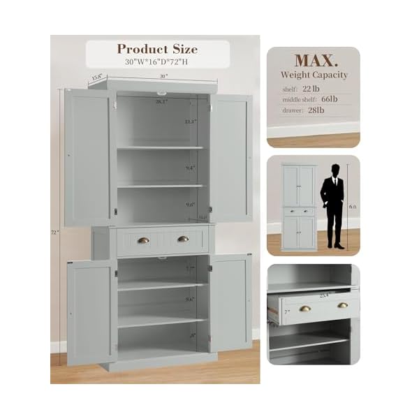   KIGOTY-72-Tall-Kitchen-Pantry-Cabinet-Farmhouse-Storage-Cabinet-Kitchen-Pantry-Storage-Cabinet-with-DoorsDrawer-and-Adjustable-Shelves-Freestanding-Cupboard-for-Living-RoomGrey