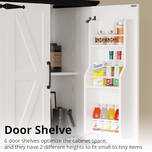 IRONCK-Farmhouse-Kitchen-Pantry-Cabinet-Tall-Storage-Cabinet-with-6-Hanging-Shelves-and-Adjustable-Shelves-Freestanding-Cupboard-with-Barn-Doors-for-Kitchen-Dining-RoomWhiteBlack IRONCK Farmhouse Kitchen Pantry Cabinet Tall Storage Cabinet with 6 Hanging Shelves and Adjustable Shelves Freestanding Cupboard with Barn Doors for Kitchen Dining RoomWhiteBlack
