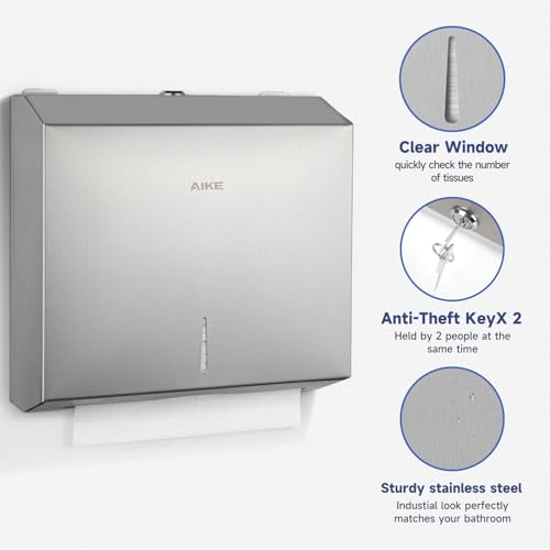 AIKE 250 Sheet Multifold Stainless Steel Wall Mount Paper Towel Dispenser with Lock