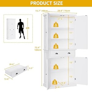 DWVO 72'' Tall Farmhouse Kitchen Pantry with Adjustable Shelves, Wood Kitchen Storage Cabinets with Doors & Drawer, Freestanding Cupboard for for Kitchen, Dining Room, Living Room, White DWVO 72 Tall Farmhouse Kitchen Pantry with Adjustable Shelves Wood Kitchen Storage Cabinets with Doors Drawer Freestanding Cupboard for for Kitchen Dining Room Living Room White