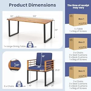 Tangkula 7 Piece Patio Dining Set Acacia Wood Dining Chair Table Set 69 Spacious Tabletop with Umbrella Hole Heavy Duty Metal Support Dining Set for Backyard Poolside