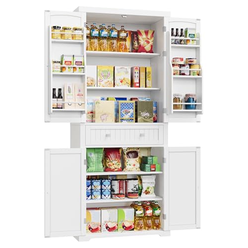 VASAGLE Pantry Cabinet 157 x 30 x 717 Inches Freestanding Tall Cupboard Storage Cabinet with a Drawer 2 Cabinets 4 Adjustable Shelves 6 Door Shelves Living Room Kitchen White UBBC561P31V2