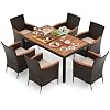 Tangkula 7 Pieces Outdoor Wicker Dining Set Patio Dining Furniture Set with Acacia Wood Table and 6 Stackable Chairs Outdoor Table and Chairs Set with 196 Umbrella Hole and Cushions
