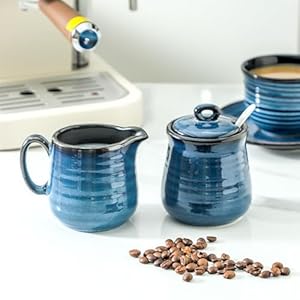 Glowworm Porcelain Sugar and Creamer Set 11 Ounce Sugar Container 10 Ounce Cream Pitcher Farmhouse Coffee Sets for Serving Dishwasher Safe Blue