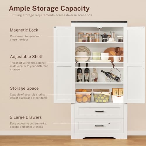 usikey-71-H-Pantry-Cabinet-Farmhouse-Tall-Storage-Cabinet-with-2-Drawers-3-Shelves-Kitchen-Storage-Cabinet-Wood-Cupboard-for-Dining-Room-Living-Room-White usikey 71 H Pantry Cabinet Farmhouse Tall Storage Cabinet with 2 Drawers 3 Shelves Kitchen Storage Cabinet Wood Cupboard for Dining Room Living Room White