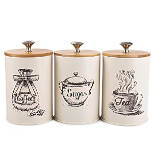 Youeon Canister Sets for Kitchen Counter Metal Vintage Kitchen Canisters Set of 3 Coffee Sugar Tea Canister Set Food Storage Canister with Bamboo Lid Farmhouse Kitchen Decor Beige