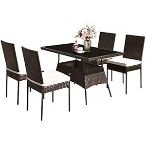 Tangkula 5 Piece Patio Wicker Dining Set Outdoor Rattan Table and Chairs with wTempered Glass Table Top Padded Cushions Wicker Patio Conversation Furniture Set for Balcony Patio Garden Poolside