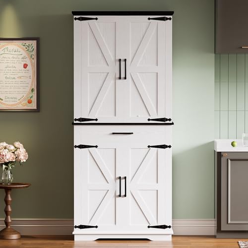 IRONCK-Farmhouse-Kitchen-Pantry-Cabinet-Tall-Storage-Cabinet-with-6-Hanging-Shelves-and-Adjustable-Shelves-Freestanding-Cupboard-with-Barn-Doors-for-Kitchen-Dining-RoomWhiteBlack IRONCK Farmhouse Kitchen Pantry Cabinet Tall Storage Cabinet with 6 Hanging Shelves and Adjustable Shelves Freestanding Cupboard with Barn Doors for Kitchen Dining RoomWhiteBlack