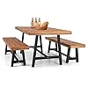 MFSTUDIO 3 Pieces Outdoor Patio Dining SetAcacia Wood Table Bench Furniture Set with 1 Rectangular Picnic Wooden Table and 2 Benches for Backyard Garden Lawn Teak Color