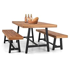 MFSTUDIO 3 Pieces Outdoor Patio Dining Set,Acacia Wood Table Bench Furniture Set with 1 Rectangular Picnic Wooden Table and 2 Benches for Backyard, Garden, Lawn-Teak Color MFSTUDIO 3 Pieces Outdoor Patio Dining SetAcacia Wood Table Bench Furniture Set with 1 Rectangular Picnic Wooden Table and 2 Benches for Backyard Garden Lawn Teak Color