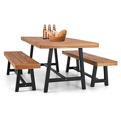 MFSTUDIO-3-Pieces-Outdoor-Patio-Dining-SetAcacia-Wood-Table-Bench-Furniture-Set-with-1-Rectangular-Picnic-Wooden-Table-and-2-Benches-for-Backyard-Garden-Lawn-Teak-Color MFSTUDIO 3 Pieces Outdoor Patio Dining SetAcacia Wood Table Bench Furniture Set with 1 Rectangular Picnic Wooden Table and 2 Benches for Backyard Garden Lawn Teak Color