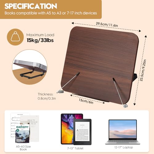 MSDADA Hölzern Leseständer Buchständer Kochbuchhalter Buchstütz, Faltbar und Tragbar, Halterbrett aus Bambus für Noten Rezepten iPads Laptops(Braun) – Bild 3