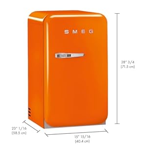 Smeg FAB5 16 50s Retro Style Series Compact Cooler with 15 cu ft Capacity Automatic Defrost LED Interior Lighting and Adjustable Shelves Right Hand Hinge Made in Italy Orange Made In Italy
