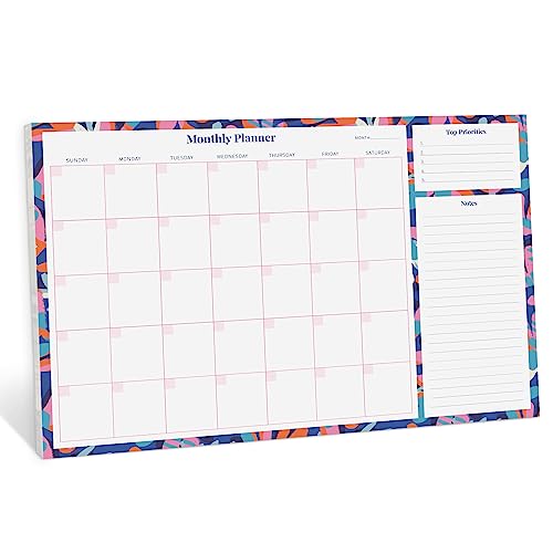 Rileys Monthly Planner Desk Pad, Undated Planner Calendar with 52 Tearaway Sheets, Wide To Do Planner Notepad with Top Priorities and Notes Sections, Printed Border, 16.5 x 11.4" (Blue Geometric)