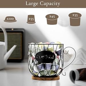 Rustic Metal K Cup Coffee Pod Holder Mug Coffee Station Organizer Large Wire Basket with Wooden Base for Countertop Coffee Storage Farmhouse Decor for Home Office Rustic Brown Round