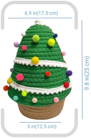 SINGLIN Christmas Tree Woven Basket with Lid and Pom-Poms