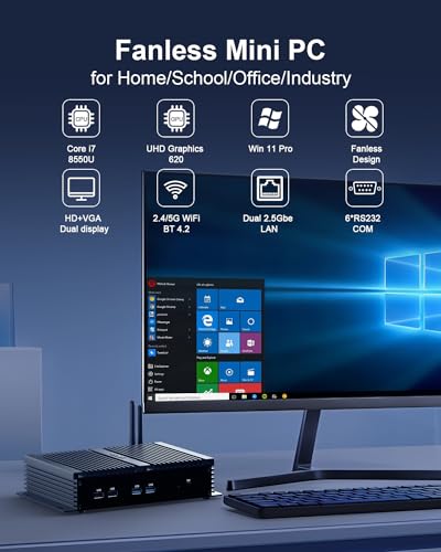 VENOEN Mini Industrie Computer i7 WIN11, Mini-PC Lüfterlos Core i7 8550U, 6X RS232 COM, Dual Band Wi-fi, 2X 2.5Gbe Industrie PC 32GB RAM 512B SSD, HD/VGA, Lüfterlose Industrie PC 12V – Bild 3
