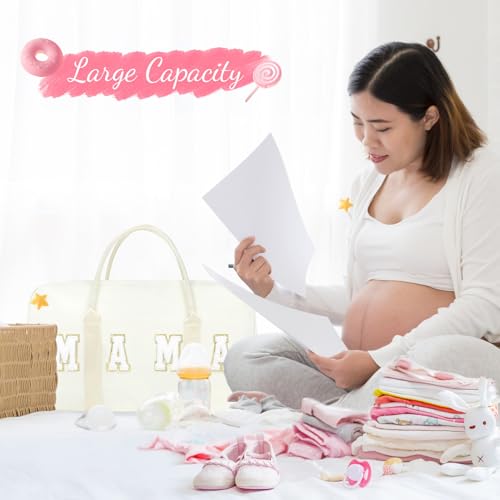 Mama Hospital Bag for Women Labor and Delivery Nylon Chenille Letter Embroidered Duffle Overnight Weekender Bag with Shoes Compartment and Mothers Day Gifts Pink - Image 4
